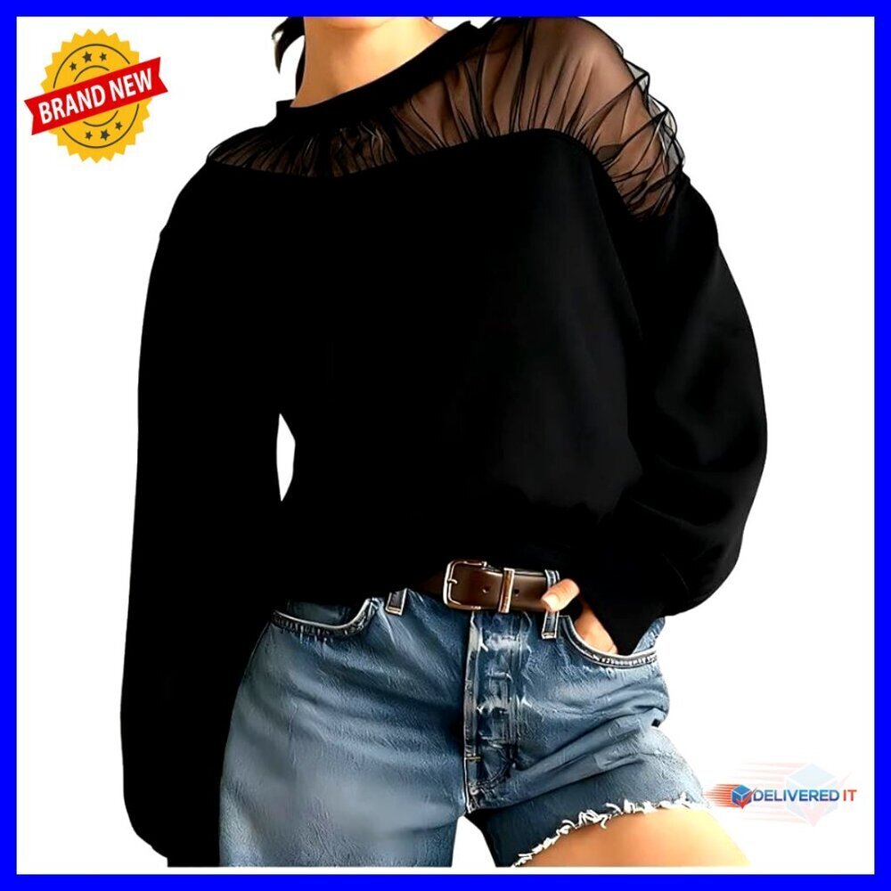 Women's Mesh Shoulder Sweatshirt Long Sleeve Crew Neck Pullover Casual Top